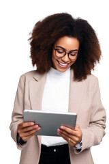 Portrait of a happy beautiful african american woman smiling and looking at a tablet isolated on transparent background. png