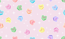 Seamless Pattern With Sweet Heart Candy. Sweetheart Candies Background, Conversation Sweets For Valentines Day, Valentine Sugar Food Hearts. Heart Shape Message Letter Candy Background