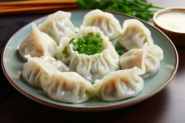 Steamed dumplings garnished with green onions on a ceramic plate. Authentic Chinese cuisine and culinary tradition. Design for culinary poster, advertisement, or banner