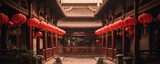 Panoramic view of an ancient corridor with hanging red lanterns. Asian and Chinese traditions. Lunar New Year. Design for cultural festivals, architectural studies, and historical retrospectives