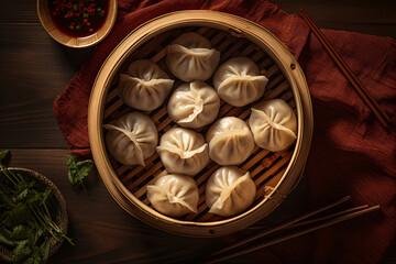 Steamy bamboo steamer filled with Chinese dumplings. Asian culinary traditions. Perfect for food blogs poster, background, or banner