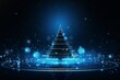 An abstract futuristic digital christmas tree with blue light bulbs on dark background. xmas technology concept, banner wallpaper
