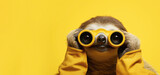 Fototapeta  - A cheerful sloth looks through binoculars on a yellow background. Banner, copyspace