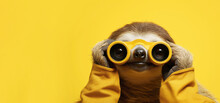 A Cheerful Sloth Looks Through Binoculars On A Yellow Background. Banner, Copyspace