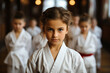 Portrait of a child in a kimono in the hall against the background of other children, taekwondo lesson