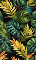  Fashionable seamless tropical pattern with bright green and yellow plants and leaves on black background. Generative AI.