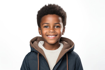 Wall Mural - Happy multiracial boy isolated on white background. Portrait of black boy looking at camera. African american child