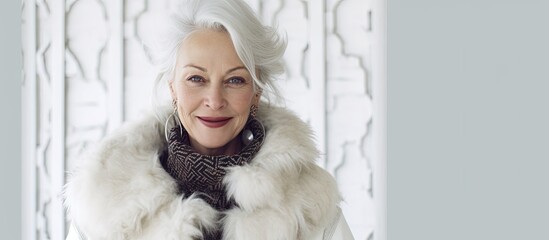 Canvas Print - winter, a pretty woman with white hair and a happy smile stands against a luxurious background, showcasing a fashionable pattern and textured beauty that captivates people.