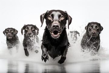 Wall Mural - Group portrait photography of a curious labrador retriever shaking off water after swimming against a white background. With generative AI technology