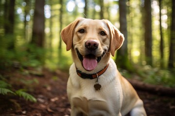 Wall Mural - Headshot portrait photography of a smiling labrador retriever sitting against a forest background. With generative AI technology