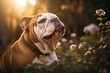 Lifestyle portrait photography of a funny bulldog smelling flowers against a forest background. With generative AI technology