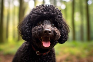 Wall Mural - Headshot portrait photography of a happy poodle sitting against a forest background. With generative AI technology