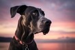 Close-up portrait photography of a funny great dane watching a sunset with the owner against a minimalist or empty room background. With generative AI technology