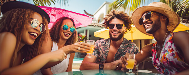 Wall Mural - Friends drinking and celebrating on vacation holiday party near water pool. Multiracial people smilling together.