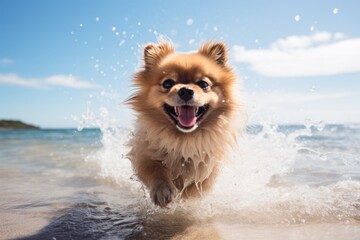 Sticker - Medium shot portrait photography of a smiling pomeranian shaking off water after swimming against a beach background. With generative AI technology