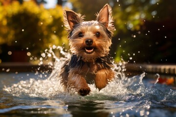 Canvas Print - cute yorkshire terrier splashing in a pool while standing against an autumn foliage background