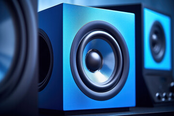 Modern blue powerful audio speaker on yellow background, space for text