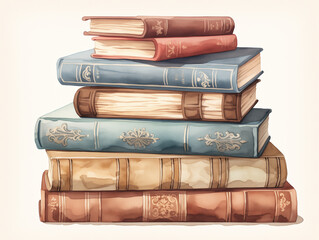 Watercolor Old Books Stack on white background