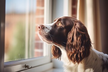 Sticker - happy english springer spaniel looking out a window isolated in a pastel or soft colors background