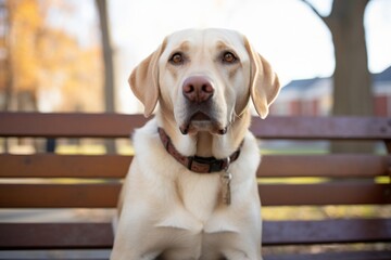 Wall Mural - curious labrador retriever sitting on a bench in front of local parks and playgrounds background