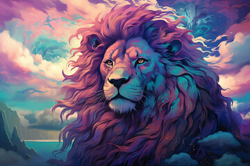 Aufkleber - Teal and purple clouds transform into abstract lions, their majestic manes blending seamlessly with the detailed cosmic tapestry that frames this surreal safari. -