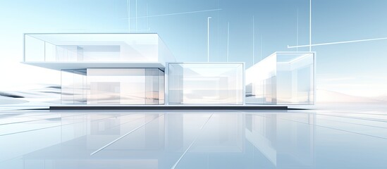 Poster - In an abstract illustration depicting a futuristic concept, a business frame outlines a white, minimalist house construction, with sleek lines and large windows, showcasing the seamless integration of