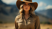 Blonde Cowgirl In Hat At Meadow With Mountains On Background