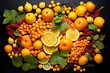  a bunch of oranges, raspberries, lemons, and berries are arranged on a black surface.