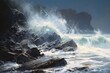  a painting of a rocky coastline with waves crashing against the rocks and a large body of water in the foreground.