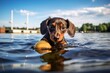curious dachshund playing with a ball isolated on lakes and rivers background