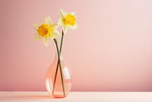  Two Yellow Daffodils In A Clear Vase On A Pink And Light Pink Surface With A Pink Wall In The Background.