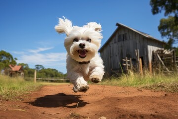 Sticker - funny maltese running in front of farms and ranches background