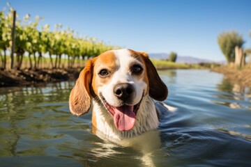 Poster - smiling beagle swimming in a lake in vineyards and wineries background