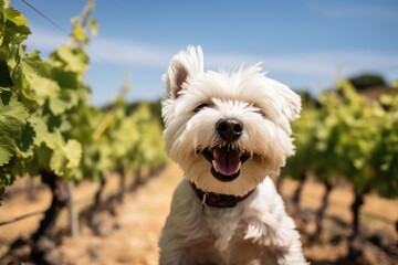 Poster - smiling maltese scratching ears while standing against vineyards and wineries background