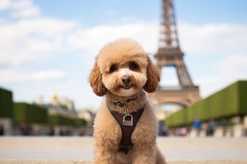 Wall Mural - cute poodle standing on hind legs on historic landmarks background