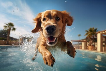 Wall Mural - funny golden retriever splashing in a pool while standing against scenic viewpoints and overlooks background