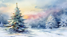 Christmas Tree Watercolor Painting. Beautiful Winter Forest Landscape In Snowfall. Winter Illustration.