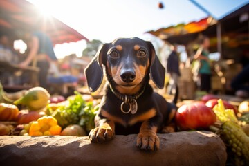 Poster - happy dachshund being at a farmer's market isolated in abandoned buildings and ruins background