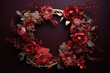  a wreath of red flowers and greenery on a dark background with red berries and berries on the bottom of the wreath.