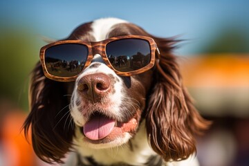 Wall Mural - funny english springer spaniel wearing a trendy sunglasses over dog parks background