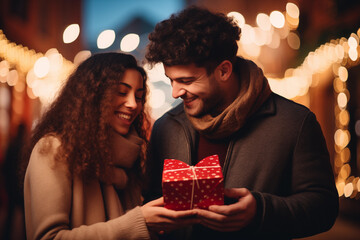 Young couple together opens box with a gift. The man gives a woman xmas present winter evening.