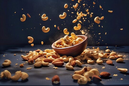 Roasted cashew nuts falling into wooden bowl on black background.