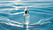 moisturizing serum with hyaluronic acid in a transparent bottle with a pipette on a transparent water blue background with waves and ripples
