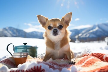 Sticker - happy chihuahua enjoying a picnic on snowy winter landscapes background