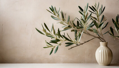 Wall Mural - olive tree branches on neutral pastel beige wall