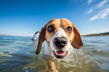 Wall Mural - curious beagle swimming isolated on beach boardwalks background