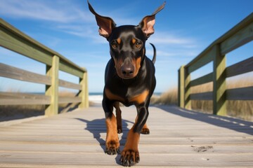 Wall Mural - curious doberman pinscher running on the beach isolated on beach boardwalks background