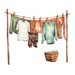 Lots of clothes drying on a clothesline, watercolor, isolated on transparent background