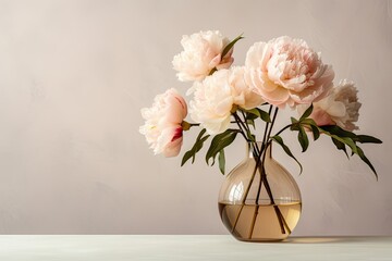 Sticker -  a vase filled with pink peonies on top of a white table next to a gray wall and a white wall.