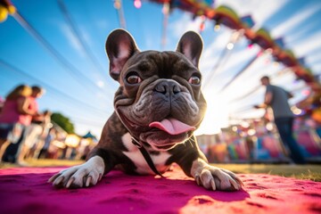 Wall Mural - curious french bulldog rolling on festivals and carnivals background